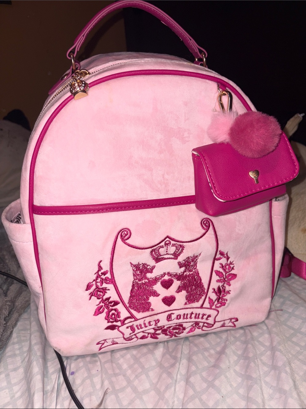 Y2K, 2000Juicy Couture Light Pink Velvet Backpack with Hot Pink Trim & Pom Charm